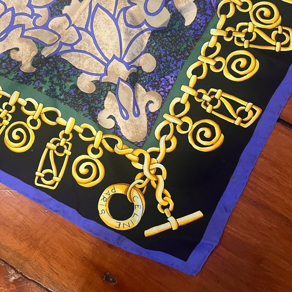 Celine EUC silk large scarf blue green gold chain motif - Picture 3 of 9